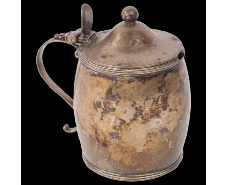 A George III silver barrel mustard pot, Michael Plummer, London 1797, 8cm, 3.7oz grossBase appears to have a lead lining, no 