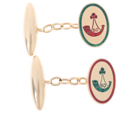 A pair of Antique 18ct gold enamel 'The Oxfordshire & Buckinghamshire Light Infantry 60th Brigade' cufflinks, maker WJH, each