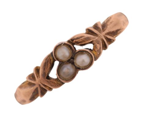 An Antique Victorian 9ct rose gold pearl trio dress ring, maker WD, Birmingham 1861, setting height 5.1mm, size T, 1.3gRing a