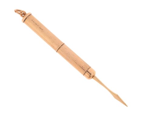 A 9ct rose gold propelling toothpick, maker SJR, Birmingham 1977, engine turned decoration, 49.6mm, 6.4g grossNo damage or re