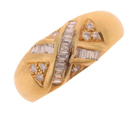 An 18ct gold diamond crossover bombe ring, set with tapered baguette and modern round brilliant-cut diamonds, total diamond c