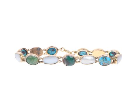 An Antique Edwardian 9ct gold turquoise and blister pearl line bracelet, with closed and open-back settings, band width 8.6mm