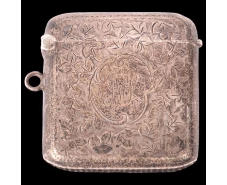 A George V silver Vesta case, Joseph Gloster Ltd, Birmingham 1910, allover engraved floral decoration, 4.5cm x 4cmFront and b