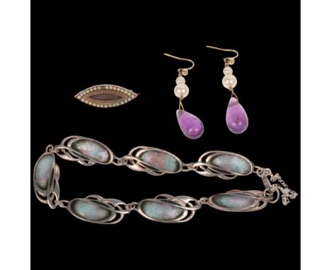 Various jewellery, including Georgian marquise mourning brooch, pair of amethyst drop earrings and Pat Cheney Scottish silver