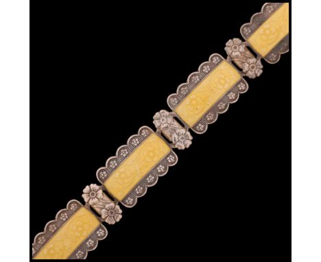 An Art Deco silver yellow enamel floral panel bracelet, by Harmony, band width 14.3mm, 18cm, 20.8gNo damage or repair, no ena