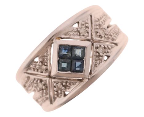 A 9ct white gold sapphire and diamond band ring, maker MG, setting height 10.8mm, size L, 4.1gNo damage or repair, all stones