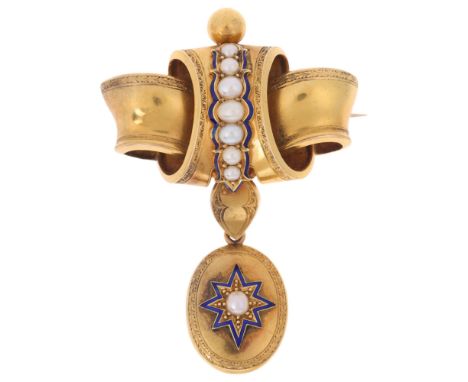A large Antique Victorian Etruscan Revival 20ct gold split pearl and blue enamel mourning locket brooch, circa 1880, the open