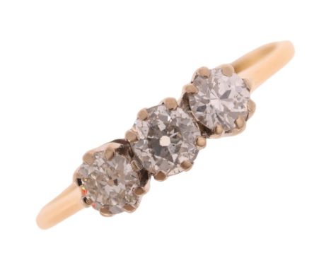 An 18ct gold three stone diamond ring, claw set with old European-cut diamonds, total diamond content approx 0.6ct, setting h