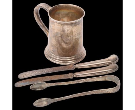 Various silver, including Edwardian christening tankard, sugar tongs, etc, 4.4oz weighableLot sold as seen unless specific it