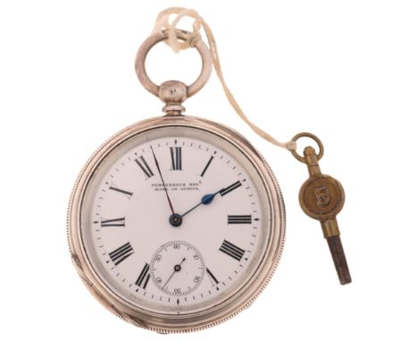 An Antique Swiss silver open-face key-wind pocket watch, retailed by Fehrenbach Brothers of Chatham, white enamel dial with R