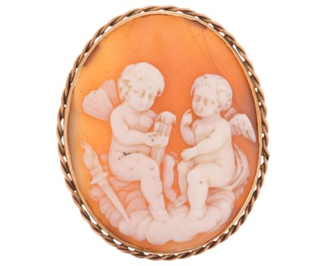An Antique 9ct gold shell cameo brooch, relief carved depicting Cupid, unmarked mount tests as 9ct, 49.7mm, 12gCameo has seve