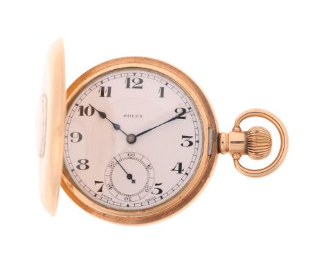 ROLEX - an early 20th century gold plated half hunter keyless pocket watch, white enamel dial with black Arabic numerals, blu