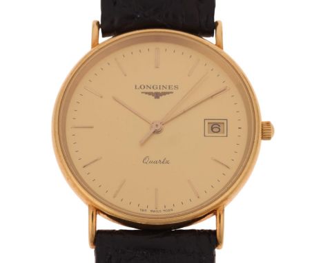 LONGINES - an 18ct gold quartz calendar wristwatch, ref. 7024-156, circa 1990s, champagne dial with gilt baton hour markers, 
