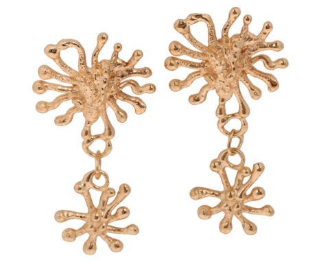 JANE M WATLING - a pair of 9ct gold abstract drop stud earrings, maker JMW, London 1999, each of radiating naturalistic organ