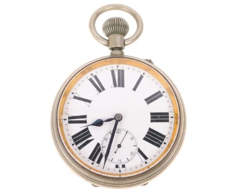 An Antique nickel open-face keyless Goliath pocket watch, white enamel dial with Roman numeral hour markers, blued steel spad