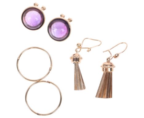 3 pairs of 9ct gold earrings, including amethyst clip-on examples, 12.8mm, 8.7g gross (3 pairs)No damage or repair, fittings 