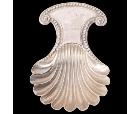 A George III silver shell tea caddy spoon, Thomas Pratt & Arthur Humphreys, no date letter, with relief embossed beaded edge 