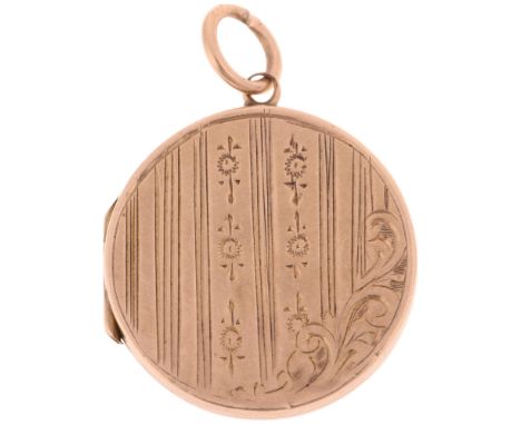 An Antique 9ct rose gold photo locket pendant, circular form with foliate engraved decoration, unmarked mount tests as 9ct, 1