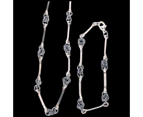 A Danish oxidised sterling silver fancy link chain necklace and bracelet set, 40cm and 18cm, 21.9g total (2)No damage or repa