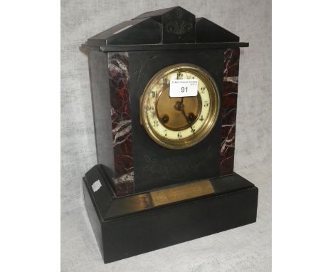 A VICTORIAN SLATE MANTEL CLOCK,  'Presented to Harry Poulter by the Members of the West Green and Dipley Cricket Club, 1894'