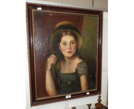 AN EARLY 19TH CENTURY OIL ON CANVAS PORTRAIT of a young girl wearing a straw bonnet, her right arm raised