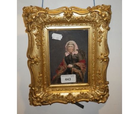 A VICTORIAN MINIATURE PORTRAIT of a lady wearing a pink bonnet and a paisley shawl, in a gilt frame
