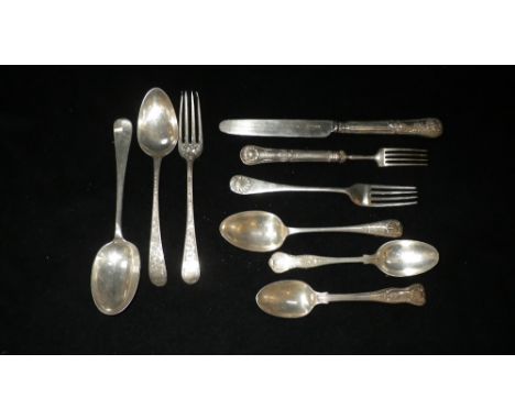 A SMALL COLLECTION OF SILVER CUTLERY including a decorative spoon and fork, and other items