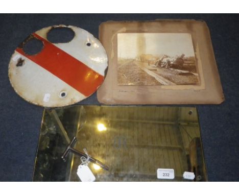 AN ENAMEL RAILWAY POINTS INDICATOR,  a carriage door key, a BR compartment mirror and a period photograph of a wide-gauge rai