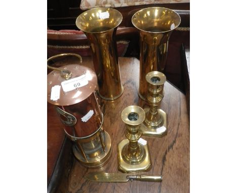 A MINER'S LAMP BY E.THOMAS & WILLIAMS LTD., a pair of shell case vases, a Trench Art paper knife and a pair of brass candlest