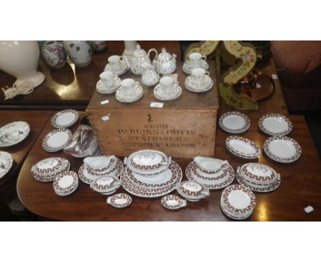 AN EXTENSIVE MID-19TH CENTURY MINIATURE DINNER SERVICE, transfer decorated with a Greek Key design, a tin cutlery box of mini