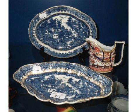 A CAUGHLEY TRANSFER PRINTED STAND, with 's' mark, another similar with gilt borders and a small  early 19th century cream jug