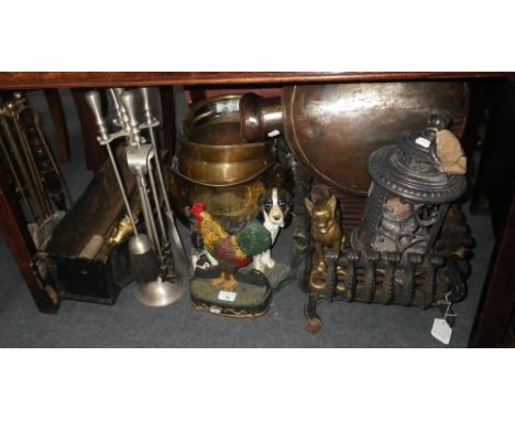 A FIRE BASKET, fire tools, a cast-iron rainwater hopper and other metalware