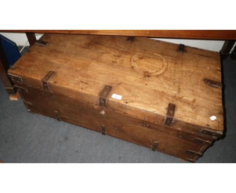 A 19TH CENTURY IRON BOUND HARDWOOD TRUNK, 36" wide