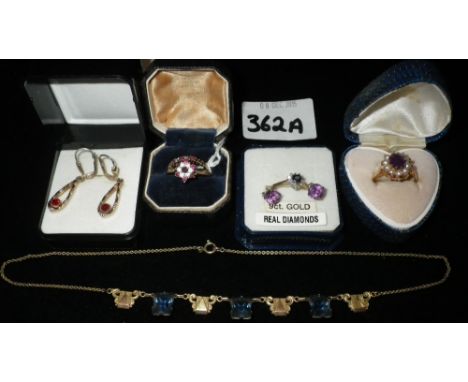 A SMALL SELECTION OF JEWELLERY including a diamond and amethyst eternity ring