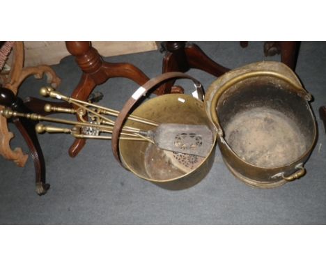 A COLLECTION OF BRASS FIRE TOOLS, a coal scuttle and a brass jam pan