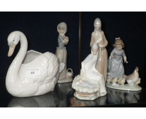 A LLADRO NATIVITY SCENE, A LLADRO/NAO SWAN ('retired' model), and three further figures