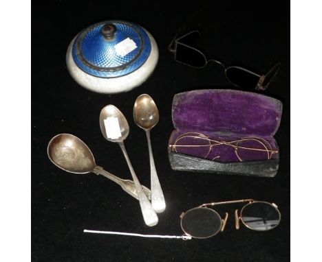 A DRESSING TABLE JAR with enamel silver lid, cutlery and other items