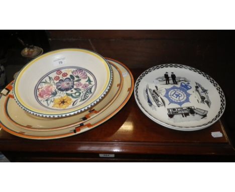 TWO CLARICE CLIFF 'BIZARRE' MEAT PLATES, a Poole pottery dish and two Poole pottery plates