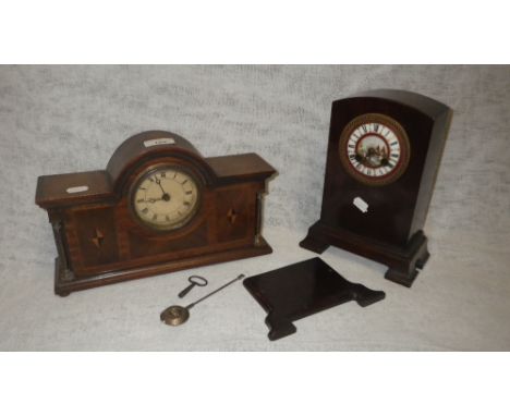 A MAHOGANY MANTEL CLOCK with French movement and enamelled dial and an Edwardian mantel clock with inlaid case