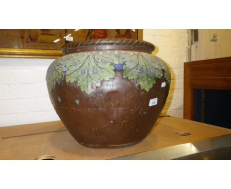 A LARGE COPPER AND ENAMEL JARDINIERE, decorated with broad green and blue leaves, with a rope effect border