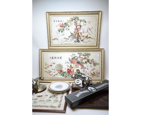 Two modern Chinese silk work pictures of birds; two reproduction telephone handsets; a Jack Daniels cribbage board; three dec