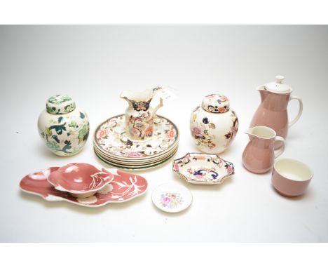 Masons 'Mandalay' ceramics, including: ginger jar, jug, plates and other items; Wedgwood water jug, milk jug and sugar bowl; 