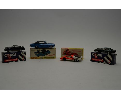 Dinky Toys 179 Opal Commodore, boxed; Dinky Toys 202 Seat Abarth 2000, boxed; Corgi Jaguar track car, boxed; Corgi Porsche 99