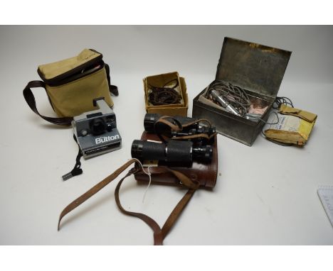 A pair of Delecroix French binoculars, cased; two ribbon microphones by Reslosound Ltd; a Polaroid camera and other items.