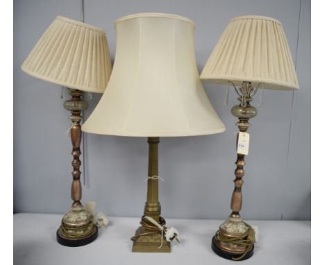 A modern corinthian column pattern brass table lamp, by Valsan, with cream silk shade; together with a pair of modern table l