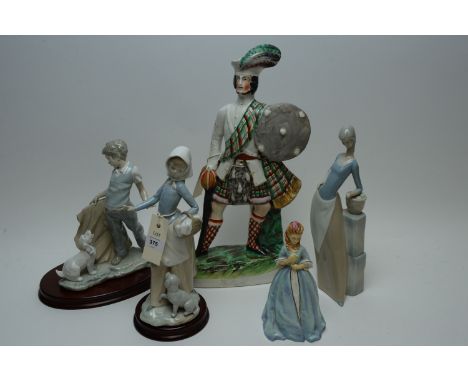 A Royal Worcester figurines 'Sweet Ann', HN3630; two Nao figurines; a Staffordshire figurine; and another Spanish figurine.