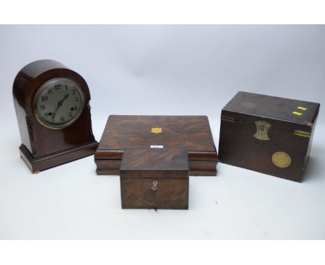 An early 20th Century mahogany cased mantel clock with silvered arabic dial, movement chiming on a gong; an 18th Century maho