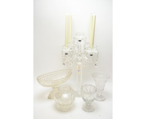 A cut glass lustre four branch, five light candelabra; and other cut glassware vases and bowl.