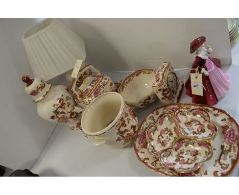 A collection of Masons Mandalay Red ornaments including table lamp, covered vase, teapot, vases, mantle clock and dishes; tog