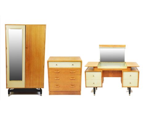 E Gomme G Plan: a three-piece light oak Chinese white bedroom suite, comprising: a dressing table, the rectangular and hinged